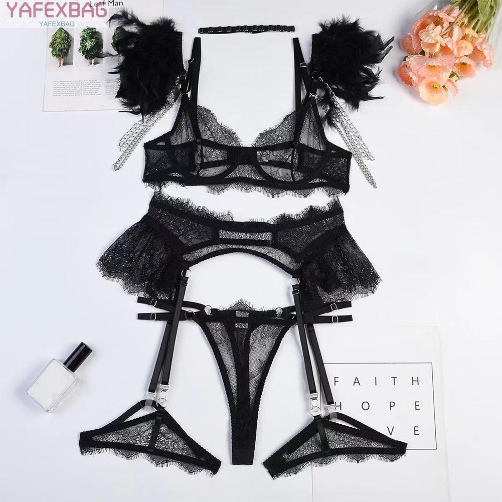 Sensational Lace Feather Lingerie 3 Piece Bra Set Chain Panties Garters Included