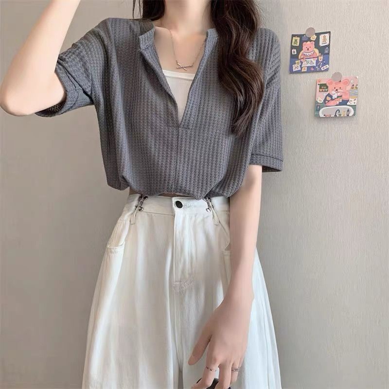 Áo Thun Nữ Ngắn Tay Cổ Chữ V Thời Trang Hàn