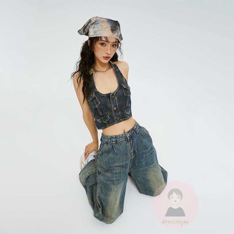 Áo Denim Sát Nách Hở Lưng Cài Nút Phong Cách Retro Thời Trang Mùa Hè Cho Nữ