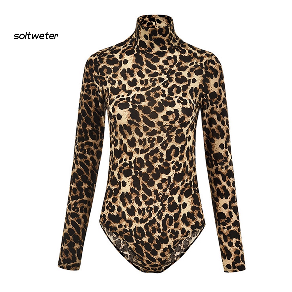 Bộ Áo Liền Quần Tay Dài Cổ Lọ In Họa Tiết Da Báo Quyến Rũ Cho Nữ