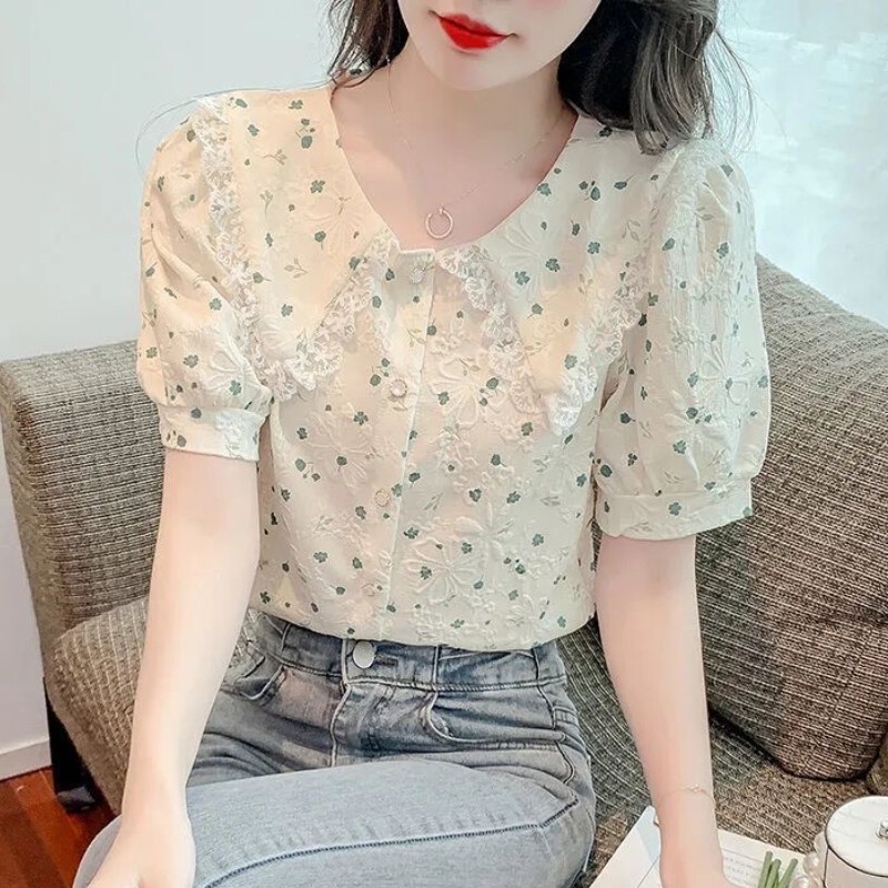 Áo Sơ Mi Chiffon Tay Ngắn In Hoa Thời Trang Mùa Hè Hàn Quốc 2023 Cho Nữ