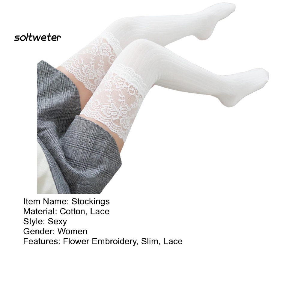 1 Đôi Tất Dài Qua Gối Viền Ren Thêu Hoa Màu Sắc Trơn Co Giãn Thoải Mái Giữ Ấm Chống Nhăn Cho Nữ