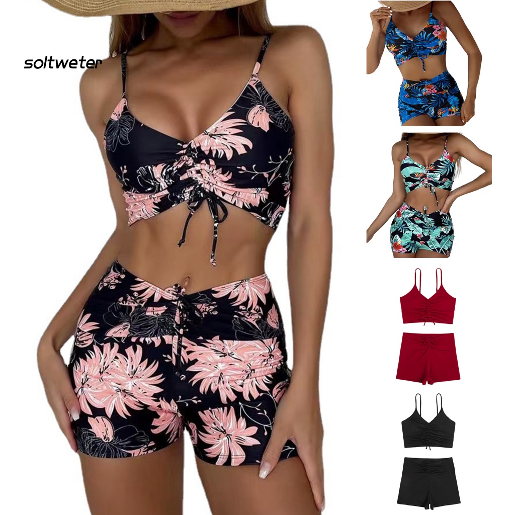 Bộ Bikini 2 Mảnh Cổ Chữ V Lưng Cao Co Giãn Thoáng Khí In Họa Tiết Hoa Kèm Dây Rút Thời Trang Quyến Rũ Cho Nữ