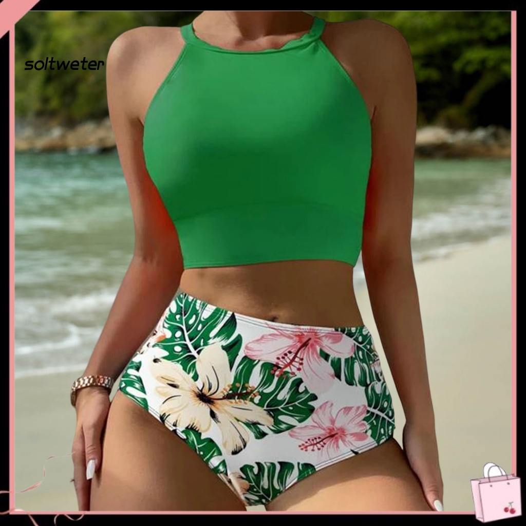 Bộ Đồ Bơi Bikini Hai Mảnh Lưng Cao Co Giãn Có Mút Đệm In Họa Tiết Hoa Thời Trang Mùa Hè Quyến Rũ Cho Nữ