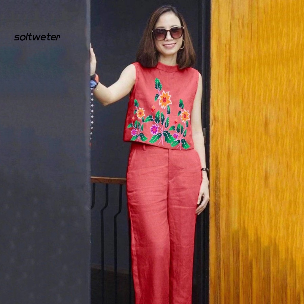 Bộ Trang Phục 2 Mảnh Gồm Áo Không Tay Cổ Tròn Và Quần Dài Lưng Thun In Họa Tiết Hoa Dáng Rộng Thời Trang Cho Nữ