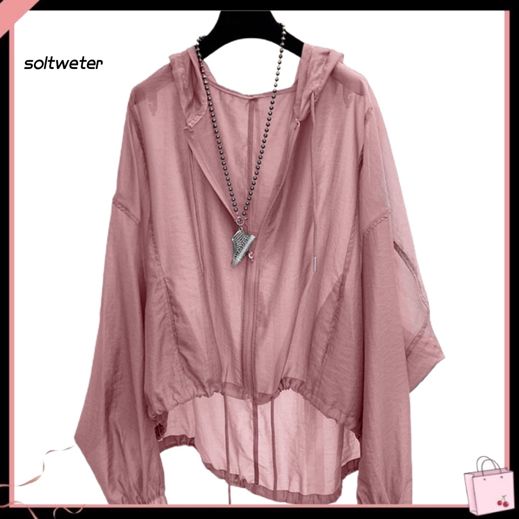 Áo Khoác Chống Nắng Mỏng Tay Dài Màu Trơn Phối Dây Rút Xuyên Thấu Thời Trang Cho Nữ