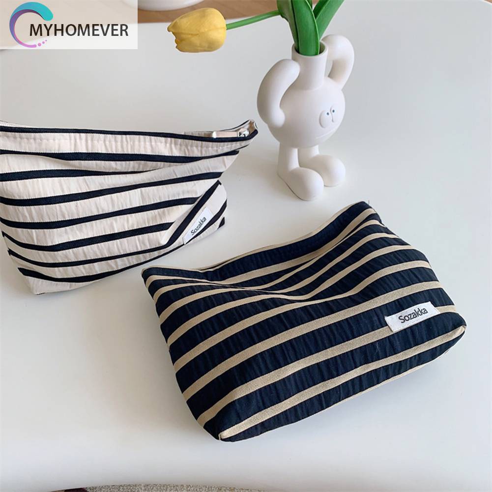 Túi Đựng Mỹ Phẩm Bằng Vải Canvas Họa Tiết Kẻ Sọc Sức Chứa Lớn Tiện Dụng Cho Nữ