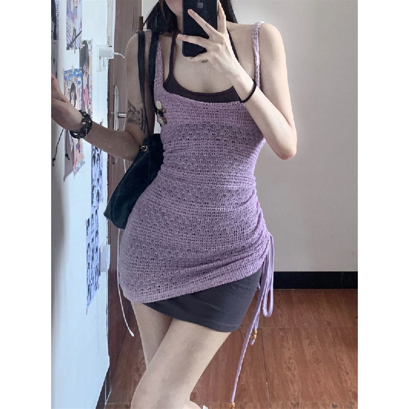New Spice Girls Fashion drawstring suspender skirt design sense outer wear blouse niche knitted short dress two-piece set