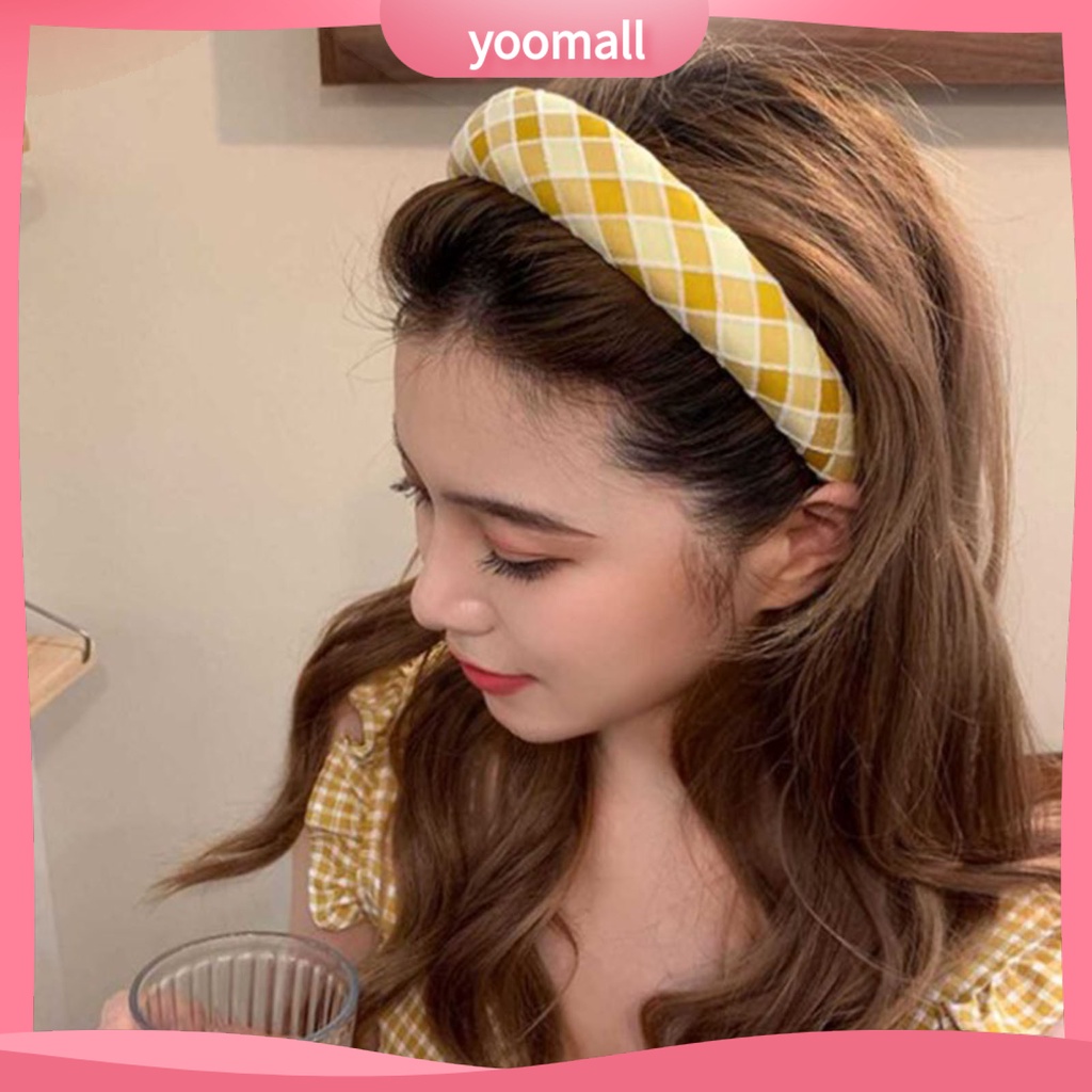 Băng Đô Cài Tóc Bản Rộng Chống Trượt In Họa Tiết Caro Dễ Thương Cho Nữ