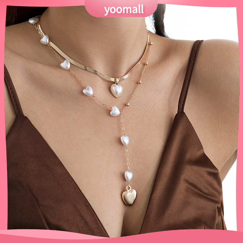 Set 2 Vòng Cổ Choker Nhiều Lớp Mặt Hình Trái Tim Thời Trang Cho Nữ