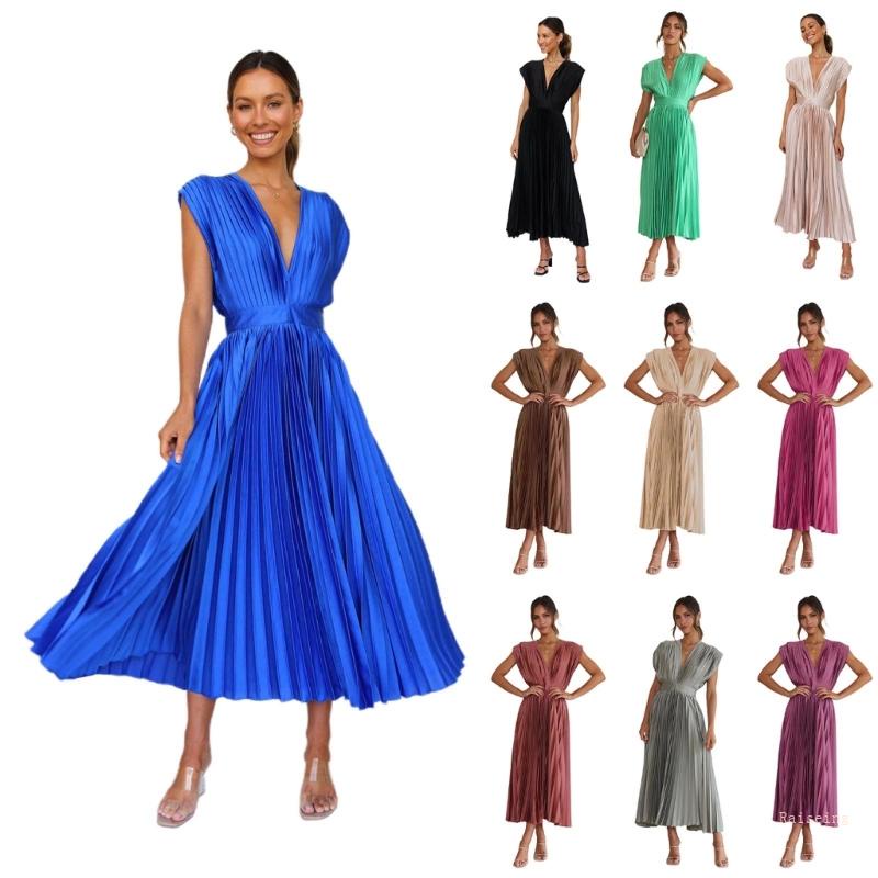 Đầm Midi Không Tay Cổ Chữ V Xếp Ly Màu Trơn Thanh Lịch Có Dây Buộc Sau Lưng