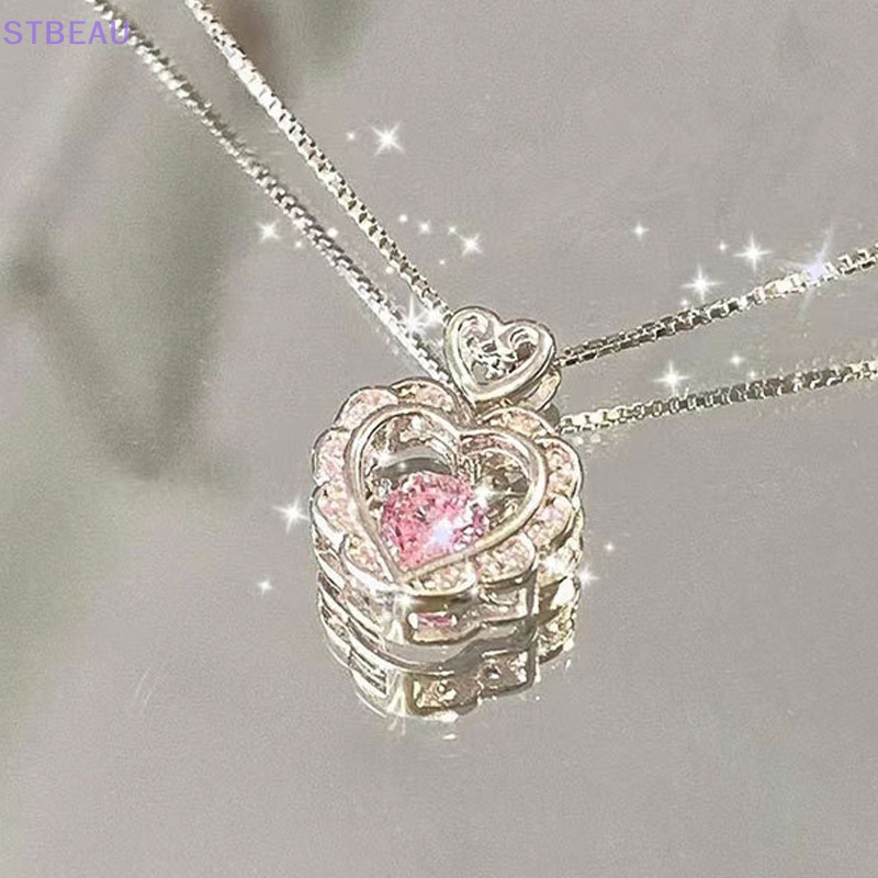 [Cxsteau] Vòng cổ Bạc Mặt Hình Trái Tim Rỗng Màu Hồng Thời Trang Vintage Thanh Lịch Làm Quà Tặng Đám Cưới Cho Nữ