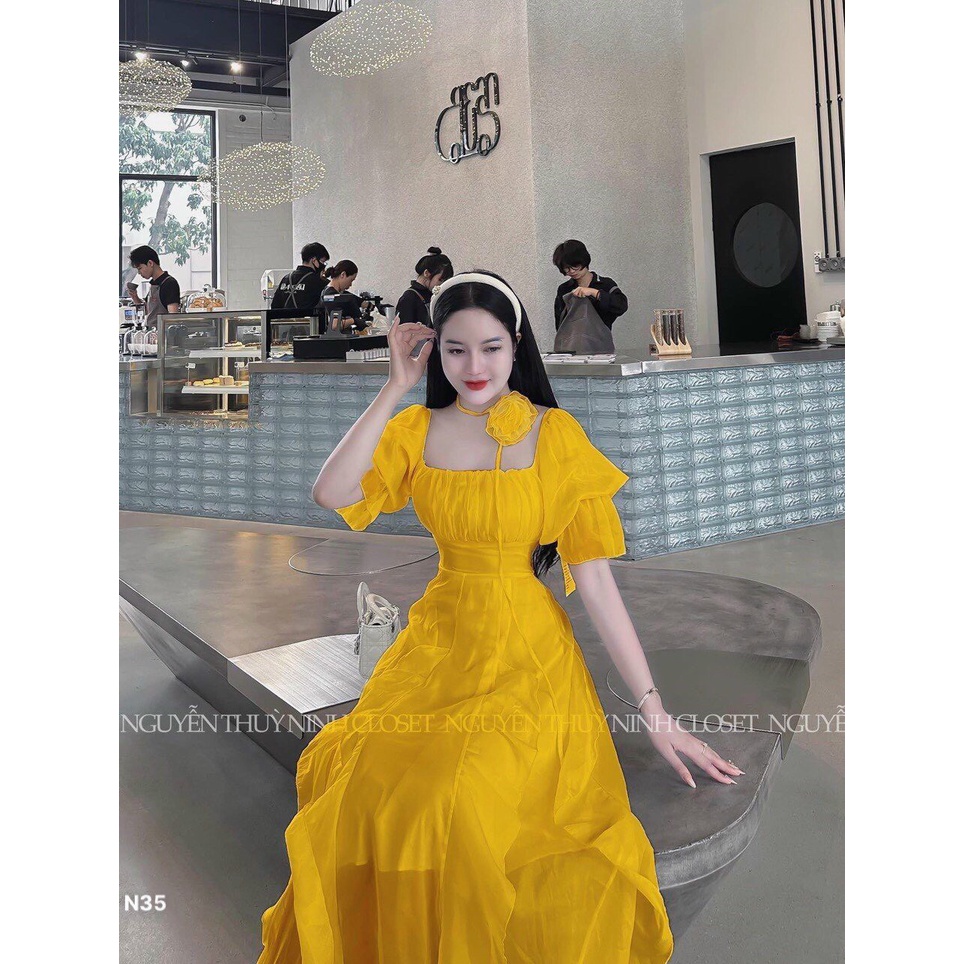 Đầm Tơ Xốp Trơn Basic Tay Ngắn Phồng Dáng Midi Suông Có Chiết Eo , 2 Màu Trắng Vàng Chất Cao Cấp Chuẩn Form