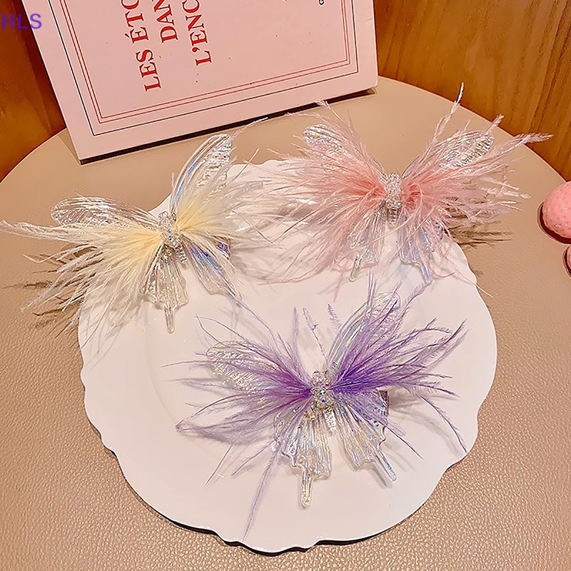 Kẹp Tóc Hình Bướm / Lông Vũ Nhiều Màu Sắc Phong Cách Hàn Quốc Cho Bé Gái