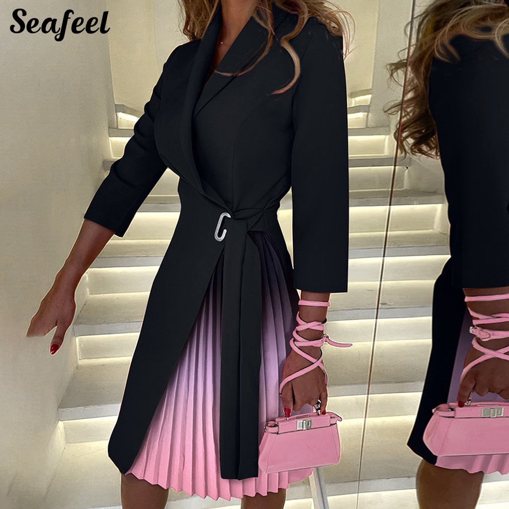 Đầm Cổ V Tay Dài Cột Dây Eo Họa Tiết Hình Học Thời Trang Mùa Thu 44989