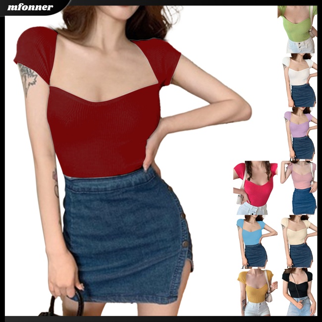 Áo Croptop Dệt Kim Tay Ngắn Cổ Vuông Màu Sắc Đơn Giản Cho Nữ