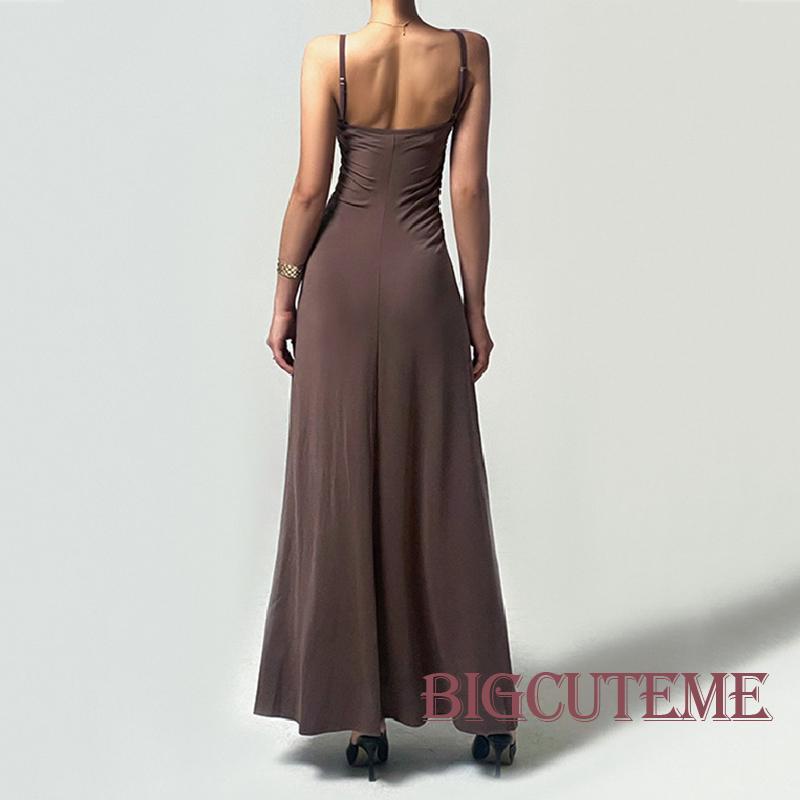 [] - Đầm Dài Hai Dây Dáng Chữ A Hở Lưng Màu Trơn Mềm Mại Mùa Hè Dành Cho Nữ Đi Tiệc Hàng Ngày / Nâu / Đen