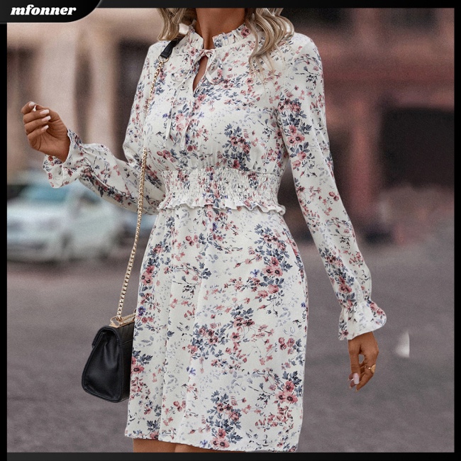 Đầm Ngắn Tay Dài Cổ Chữ V Nhún Bèo Họa Tiết Hoa Thời Trang Mùa Hè Cho Nữ