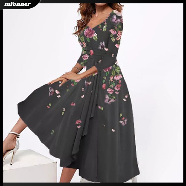 Đầm Midi Tay Lỡ 3 / 4 Dáng Rộng Cổ Chữ V In Hoa Thời Trang Mùa Hè Cho Nữ