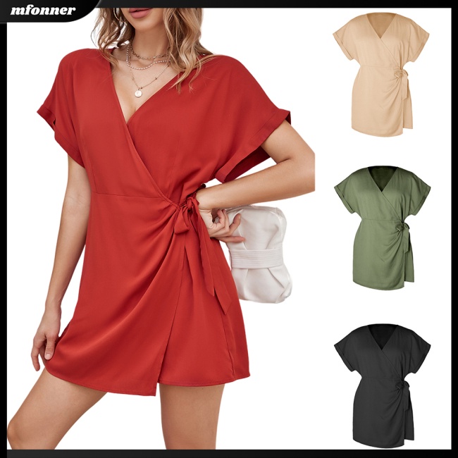 Áo liền quần Ngắn Tay Cổ Chữ V Màu Sắc Thanh Lịch Cho Nữ