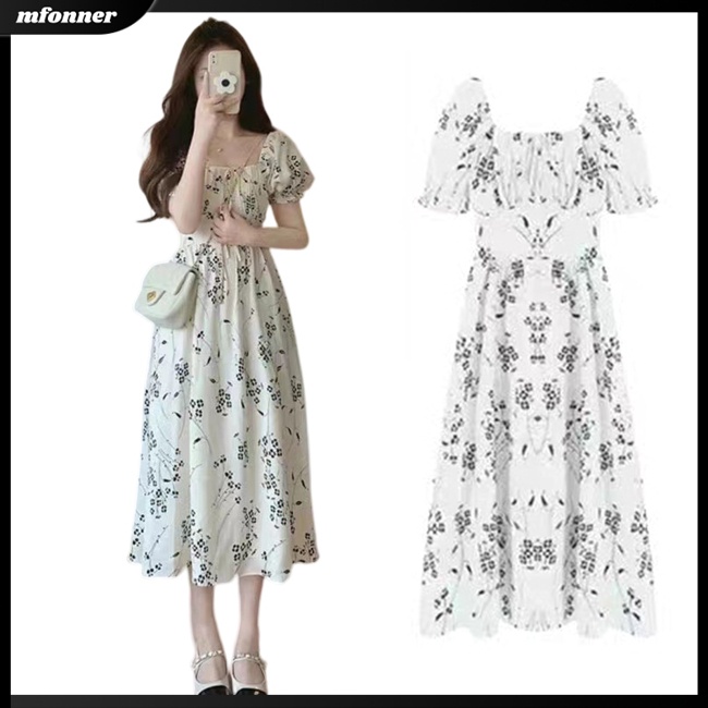 Đầm Dài Dáng Chữ A Tay Phồng Cổ Vuông In Hoa Kiểu Pháp Xinh Xắn Cho Bạn Gái