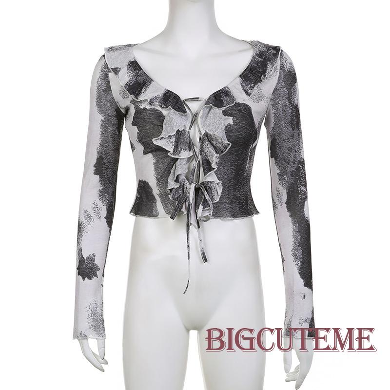 Áo Sơ Mi Tay Dài Cổ Chữ V Nhuộm Màu Độc Đáo Dáng Ôm Thời Trang Cho Nữ