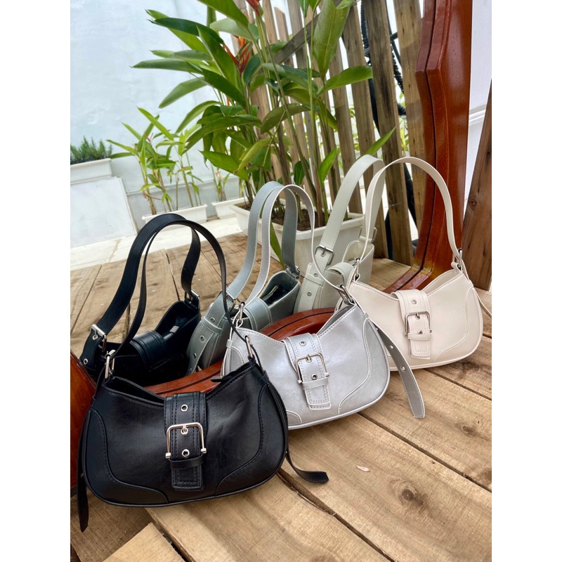 Túi kẹp nách nữ khuy vuông dây đột khuy da nhăn thời trang