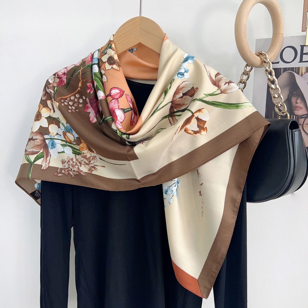 Khăn Quàng Cổ Hình Vuông Cỡ Lớn Bằng Lụa In Họa Tiết Hoa Thời Trang Hàn Quốc 2023