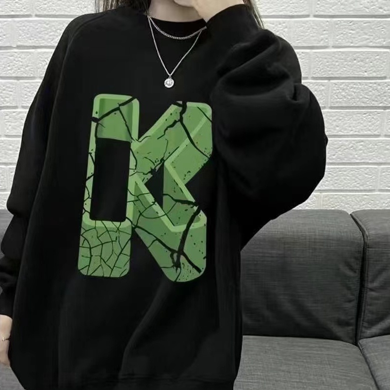 Áo Sweater Tay Dài Cổ Tròn Màu Đen In Chữ K Phong Cách Hip Hop Thời Trang Cho Cặp Đôi 2023 3XL