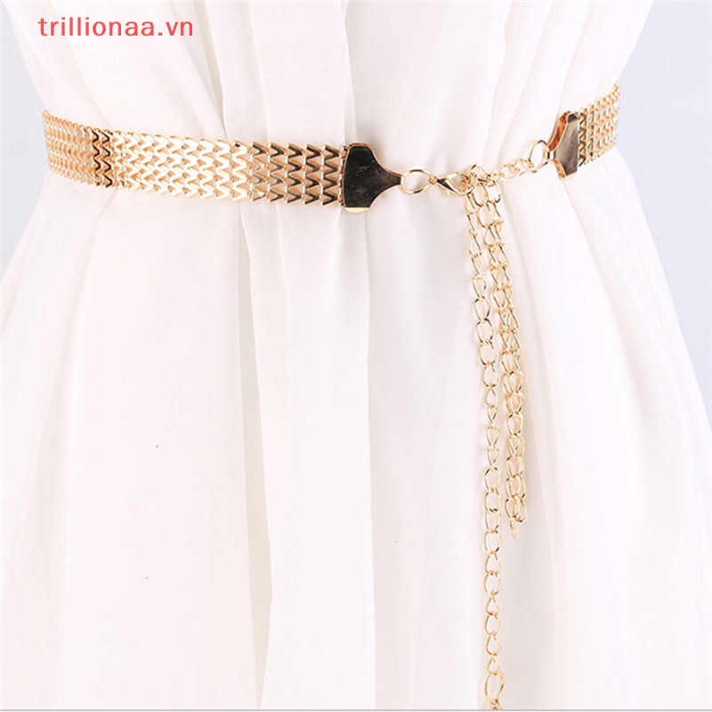 Thắt Lưng Dây Xích Kim Loại Gợn Sóng Màu Vàng Thời Trang
