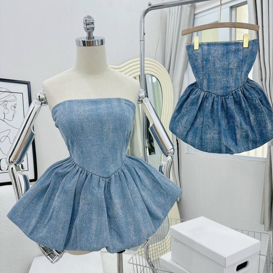 M581 - Áo peplum jean loang cúp tùng bí nhún chun, áo cúp jean bí