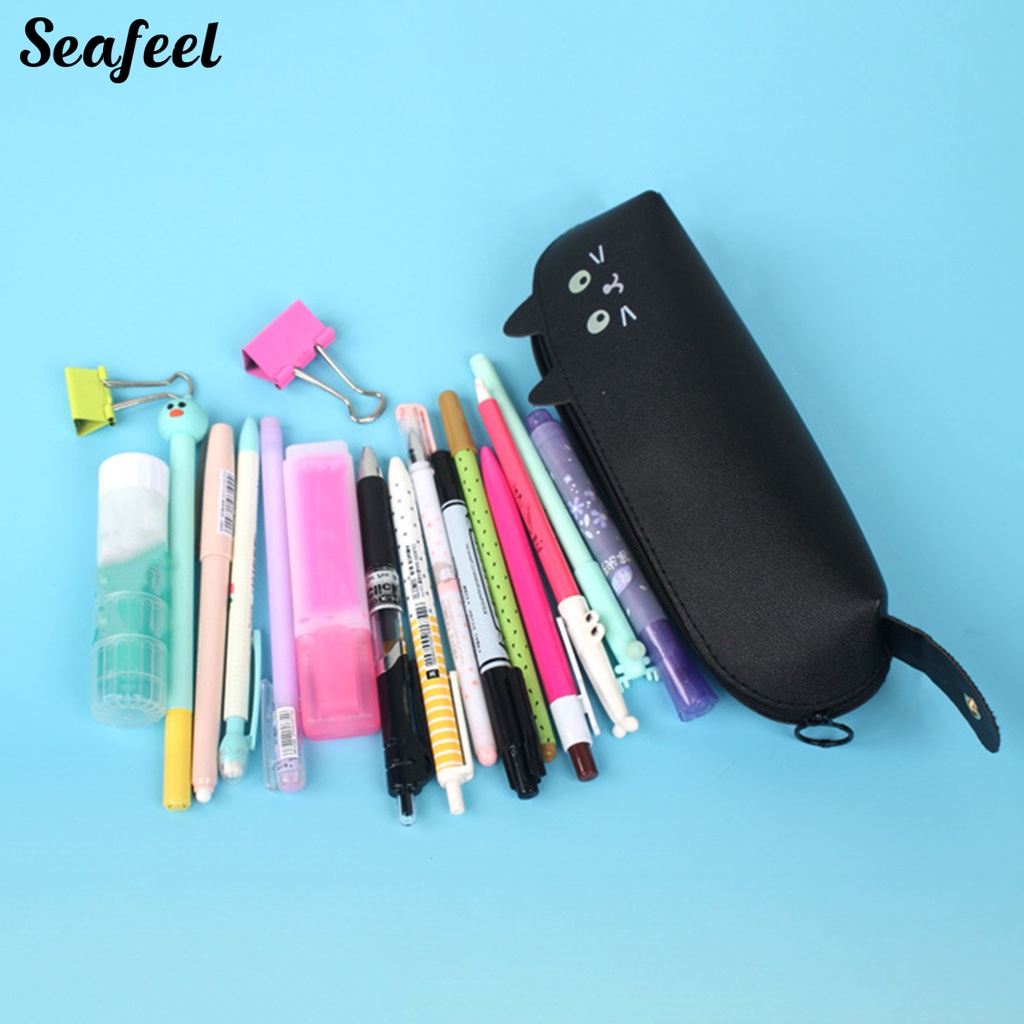 Túi Đựng Bút Giả Da Họa Tiết Mèo Biển Hoạt Hình Dễ Thương Có Khóa Kéo