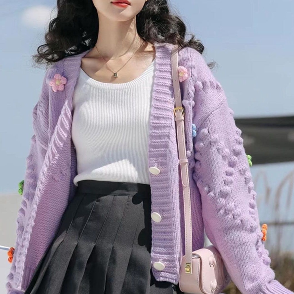 Áo Khoác Cardigan Dệt Kim Dáng Rộng Họa Tiết Hoa Xinh Xắn Cho Nữ