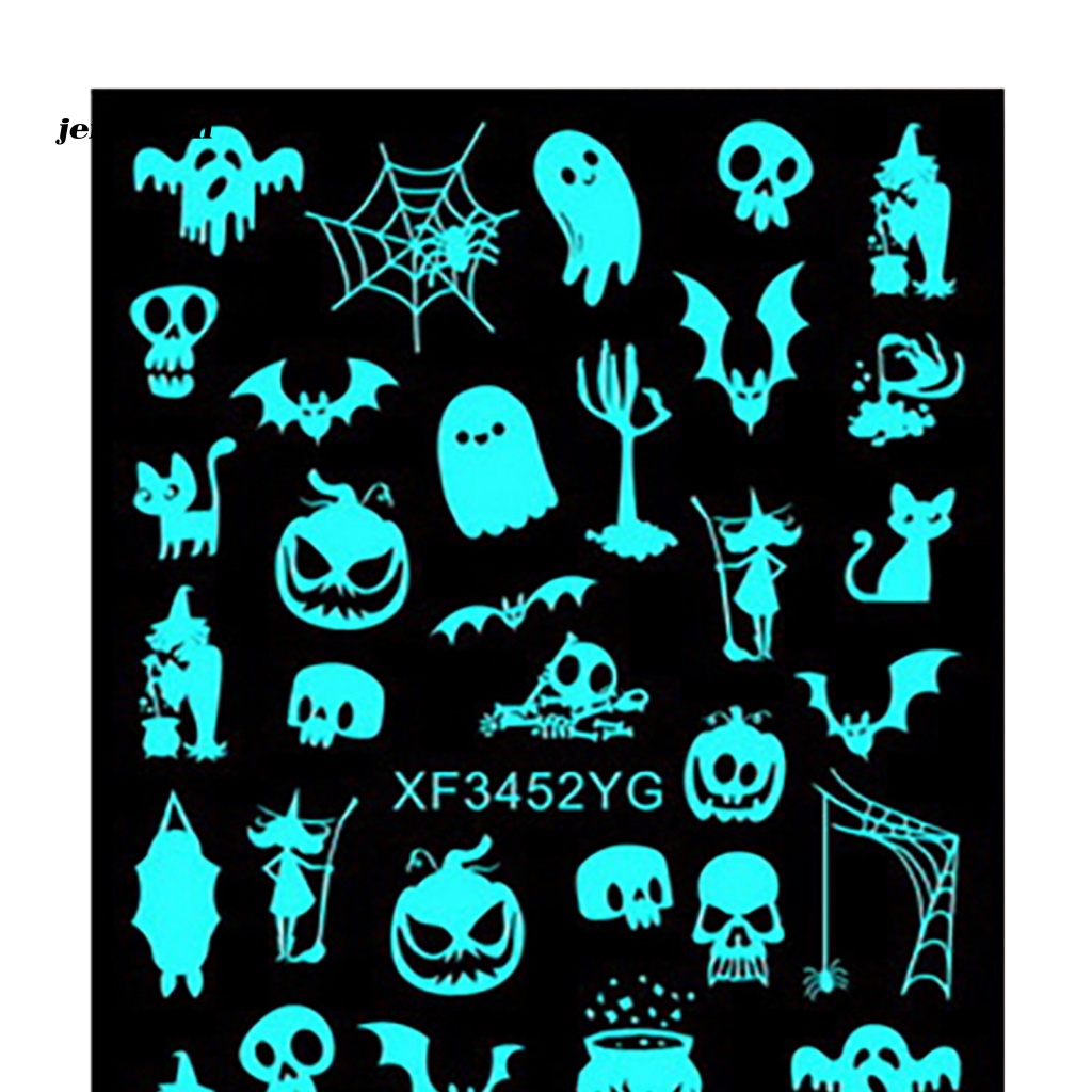 Set 12 Nhãn Dán Móng Tay Dạ Quang Tự Dính Họa Tiết Halloween Tinh Tế