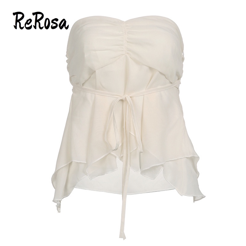 Rerosa Áo Ống Xếp Ly Cắt Thấp Kiểu Mới 2023 Hở Lưng Ôm Dáng Màu Trơn Cho Nữ