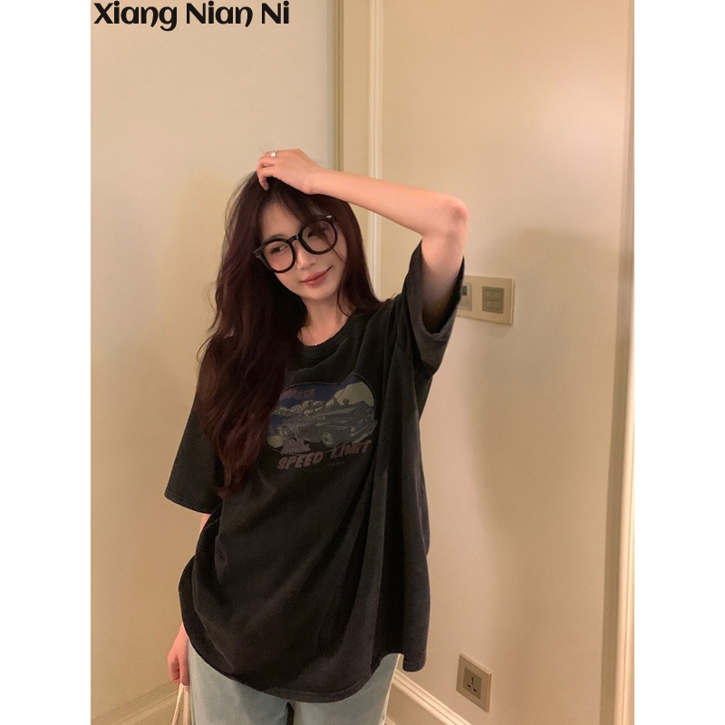 Áo thun XIANG NIAN NI tay ngắn dáng rộng phong cách Mỹ cổ điển cho nữ