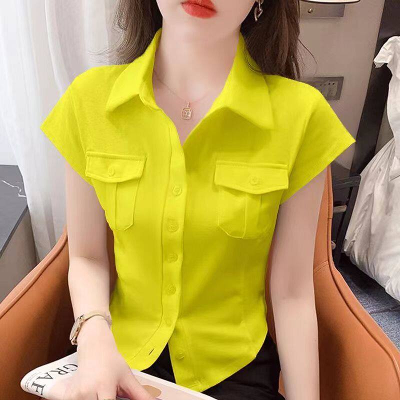 Áo Sơ Mi Cotton Tay Ngắn Dáng Ôm Thời Trang Mùa Hè Phong Cách Hàn Quốc Dành Cho Nữ
