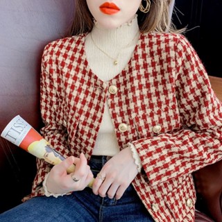 áo khoác dạ tweed nữ dáng ngắn bigsize croptop dáng dài lông hàn quốc dài big size có đai Áo dạ tweed kẻ zic zac cúc vàng có 4 nắp túi