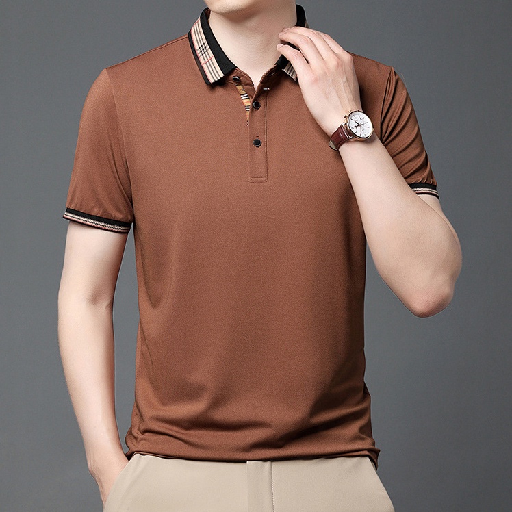 Áo Thun polo Tay Ngắn Màu Trơn Dáng Ôm Vải Lụa Mát Thời Trang Hàn Quốc Cho Nam