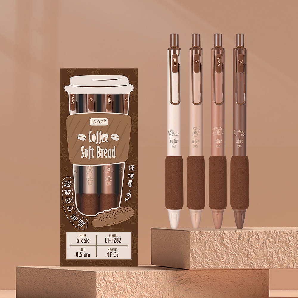 Bút Gel Bấm LOPET COFFEE Mực Đen Ngòi 0.5mm Phù Hợp Viết Sổ Calligraphy, Mực đều viết siêu êm