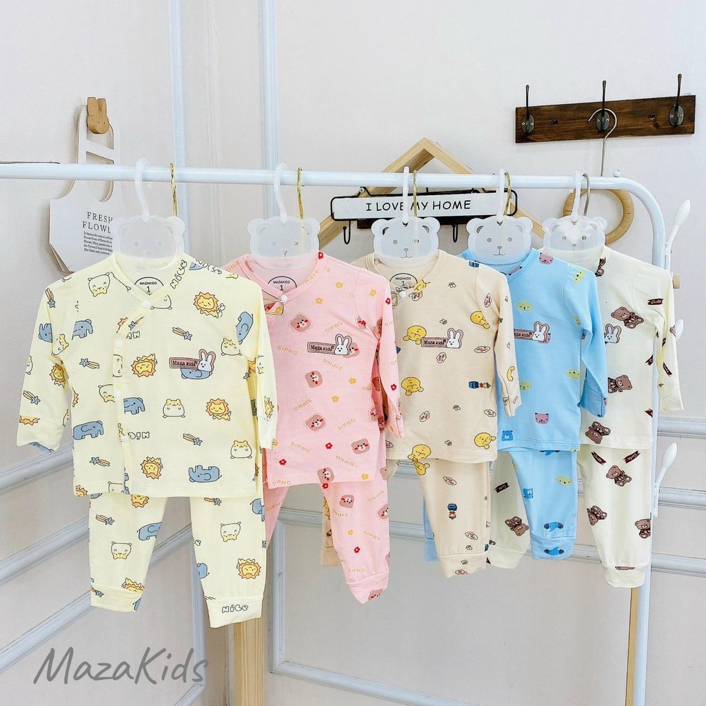 Bộ dài MÀU in hình cạp cao vải petit sợi tre mềm mát cho bé sơ sinh đến 9kg Mazakids