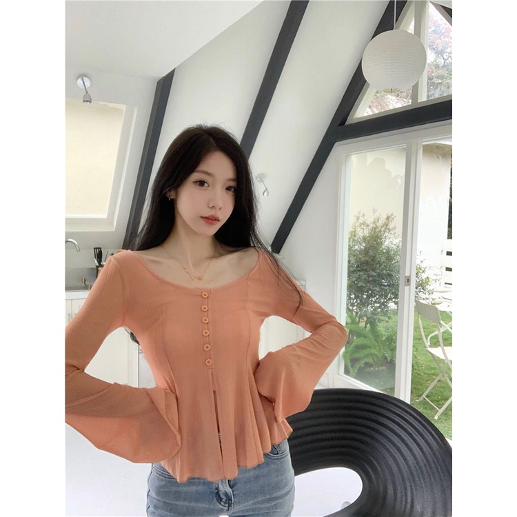 Áo Kiểu Tay Loe Dài Mỏng Dáng Ôm Thời Trang Pháp Cao Cấp Cho Nữ