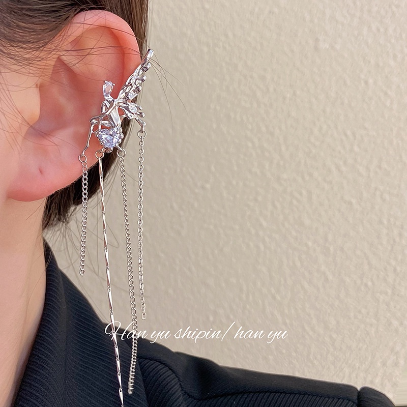 Bộ Khuyên Kẹp Vành Tai Dáng Dài Hình Thiên Thần Đính Đá Dễ Thương Phong Cách Hàn Quốc