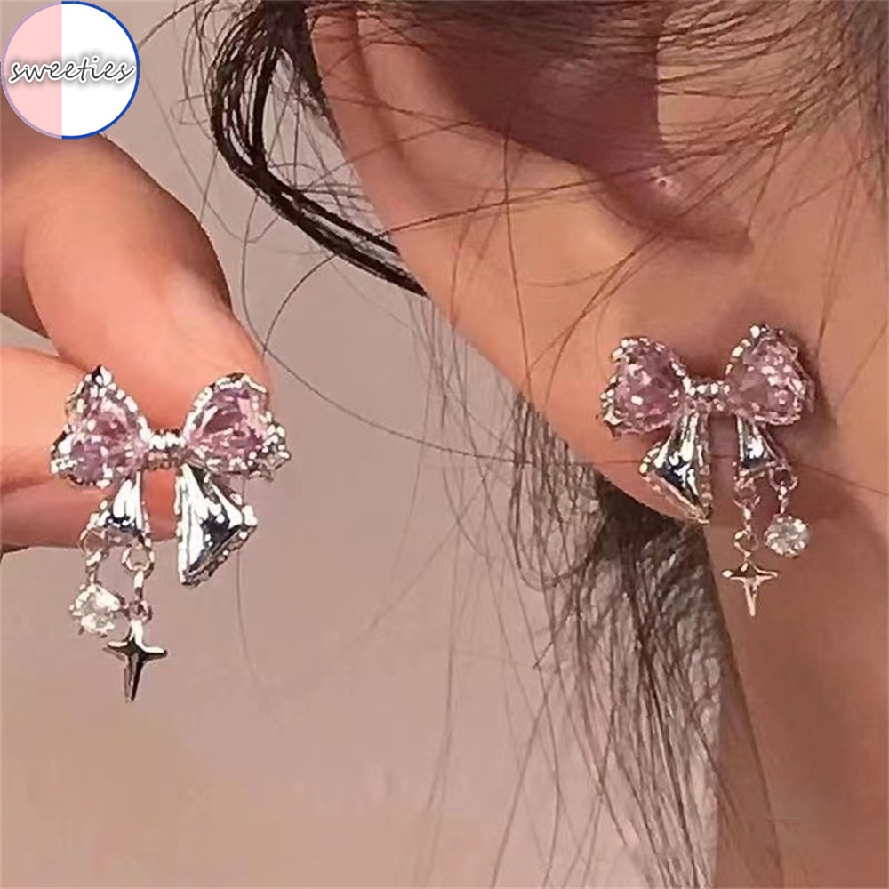 Bông Tai Mạ Bạc 925 Hình Nơ Đính Đá Sang Trọng Phong Cách Hàn Quốc