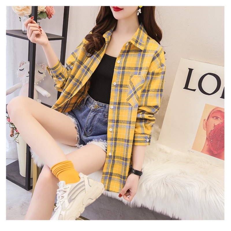 Áo Sơ Mi Cotton Tay Dài Kẻ Sọc Caro Phối Nút Thoải Mái Thời Trang Cho Nữ