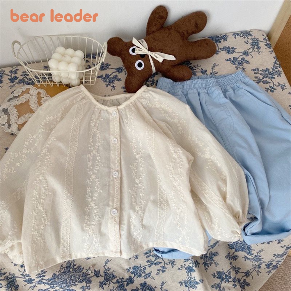 BEAR LEADER Áo Cardigan Cotton Cổ Tròn Tay Dài Màu Trơn Hình Gấu Cho Bé Gái 1-5 Tuổi