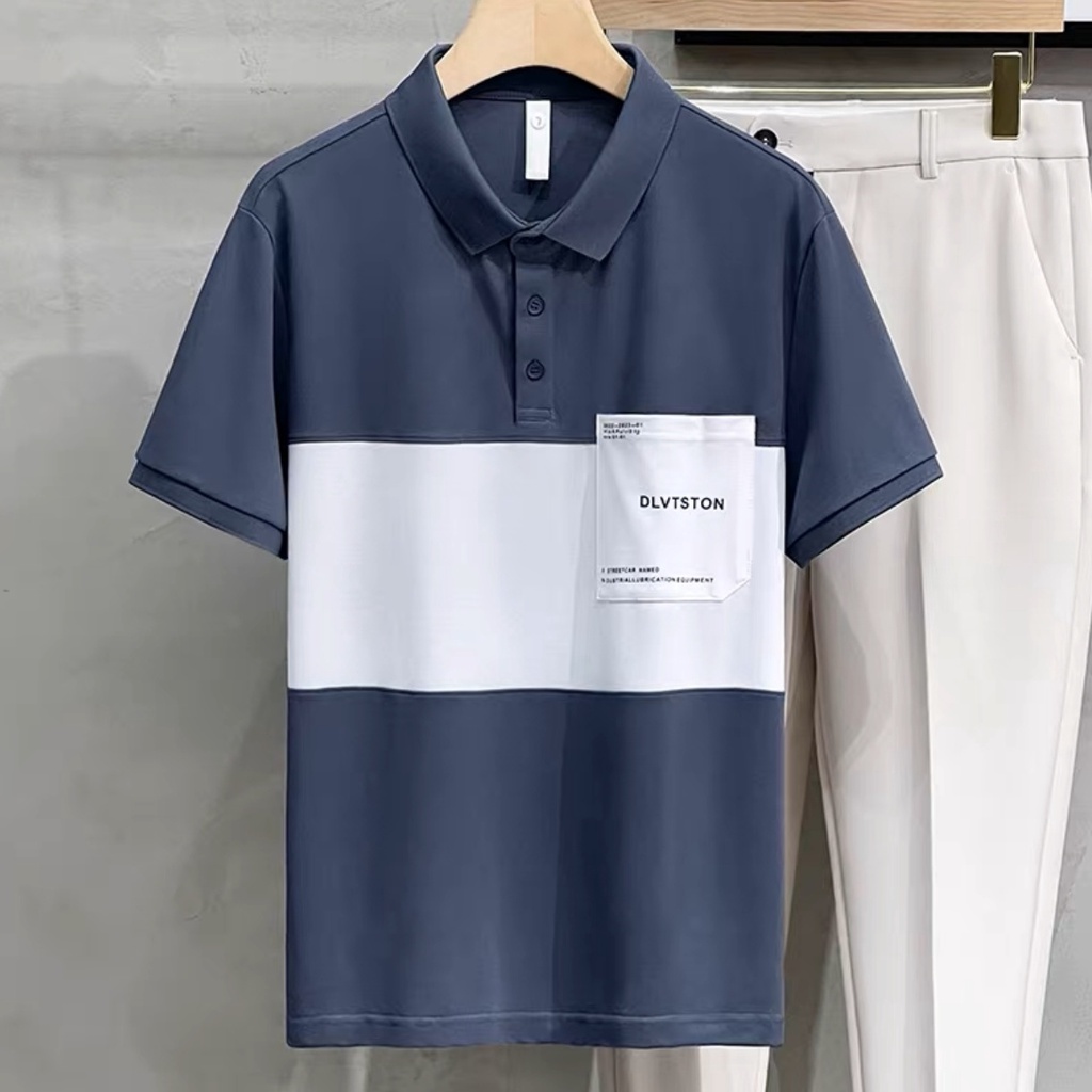 BEFOYI Men's Polo Shirt Short Sleeve Cotton Loose Korean Casual Panel Pocket Polo Neck Top Black Plus Size M-5XL SLC150