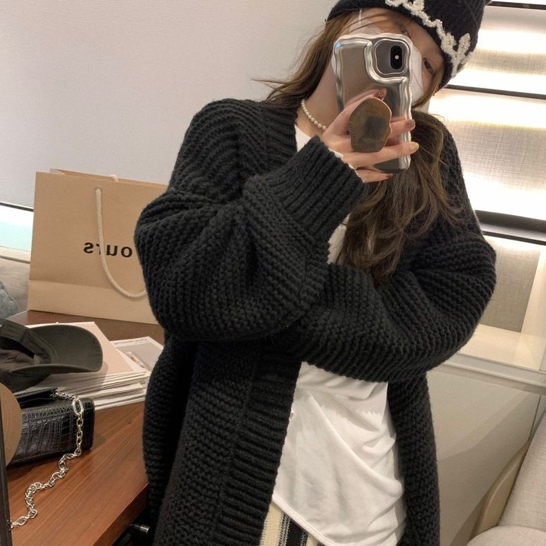 Áo Khoác Len Cardigan Dày Dáng Rộng Dài Vừa Phải Thời Trang Cho Nữ