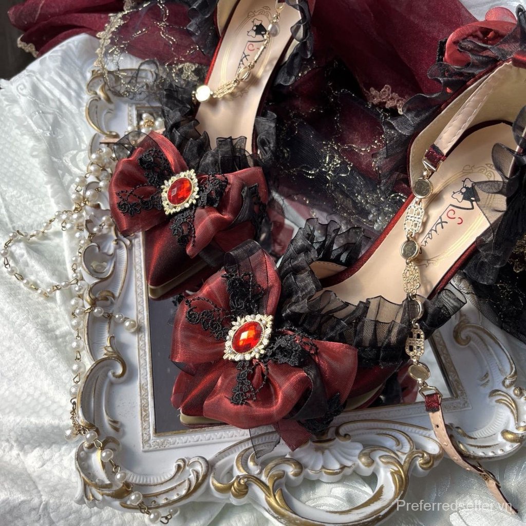 Worry-giày Cưới Lolita Cao Gót Đính Hoa Thủ Công Màu Tối Phong Cách Gothic Mùa Hè Cho Nữ Miaojiang