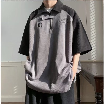 Áo Thun polo Dáng Rộng Tay Lửng Có Khóa Kéo Phối Màu Khối Phong Cách hong kong Cho Nam slc172